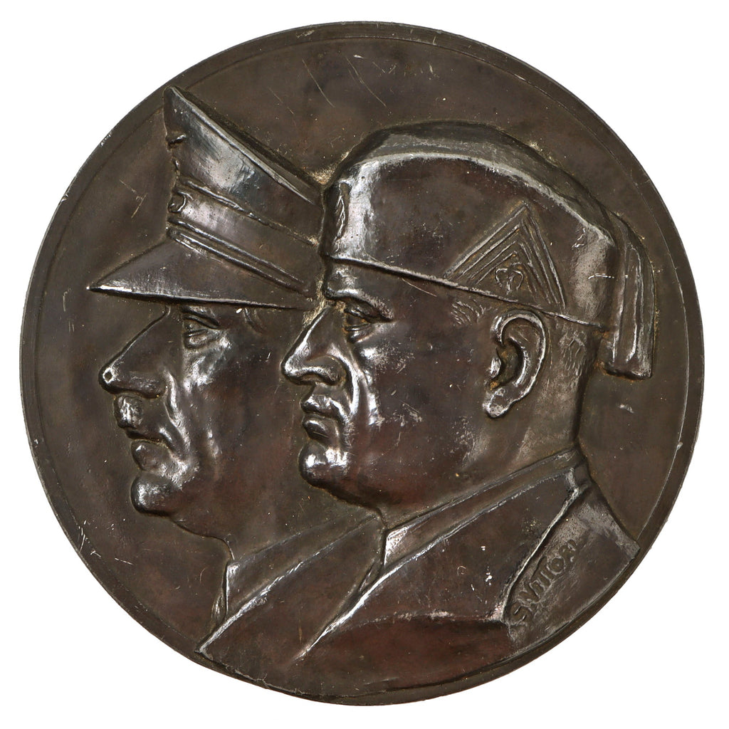 Original Italian WWII Mussolini & AH Wall Plaque by S. Vittori - 7 ⅜” Diameter Original Items