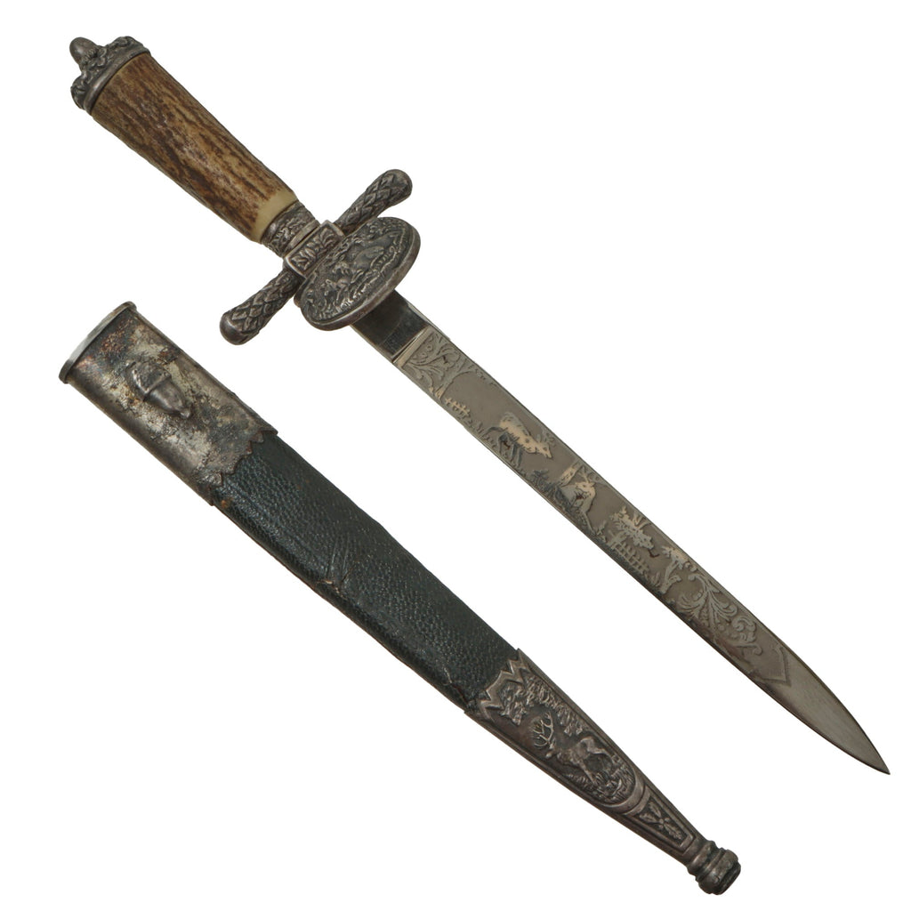 Original German WWII Era Miniature Hirschfänger Stag Handle Etched Forestry Dress Cutlass by Alcoso with Scabbard Original Items