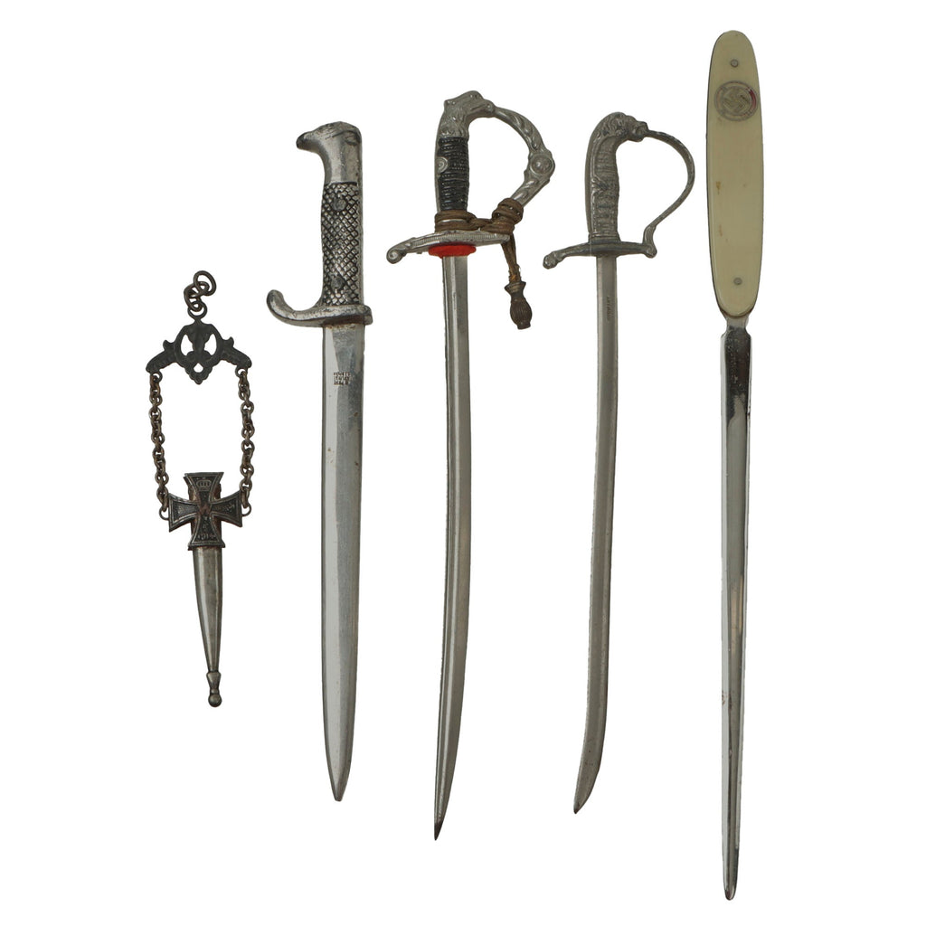 Original German WWI - WWII Lot of Miniature Edged Weapons, Letter Opener, and Scabbard - 5 Items Original Items