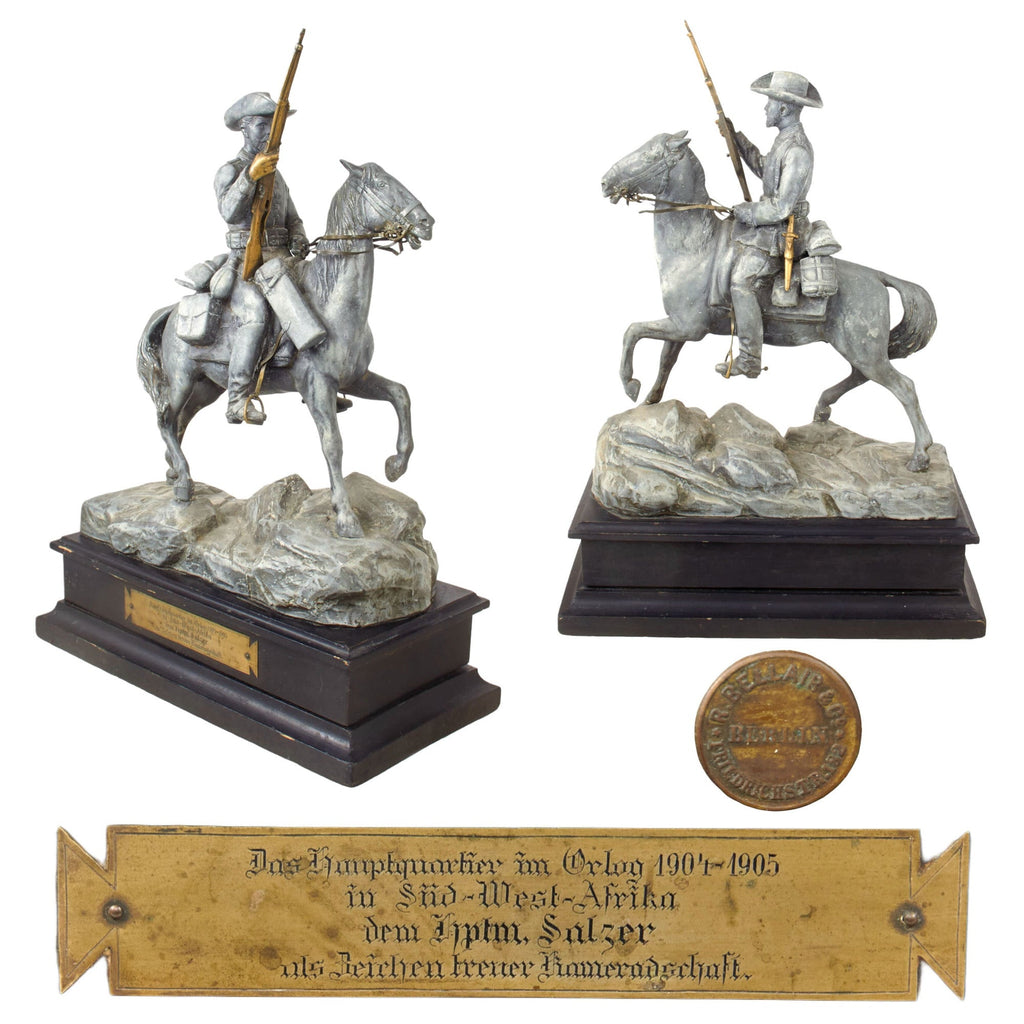 Original Imperial German Herero Wars Schutztruppen Equestrian Bronze Statue with Dedication to Captain Salzer - 19½” Tall Original Items
