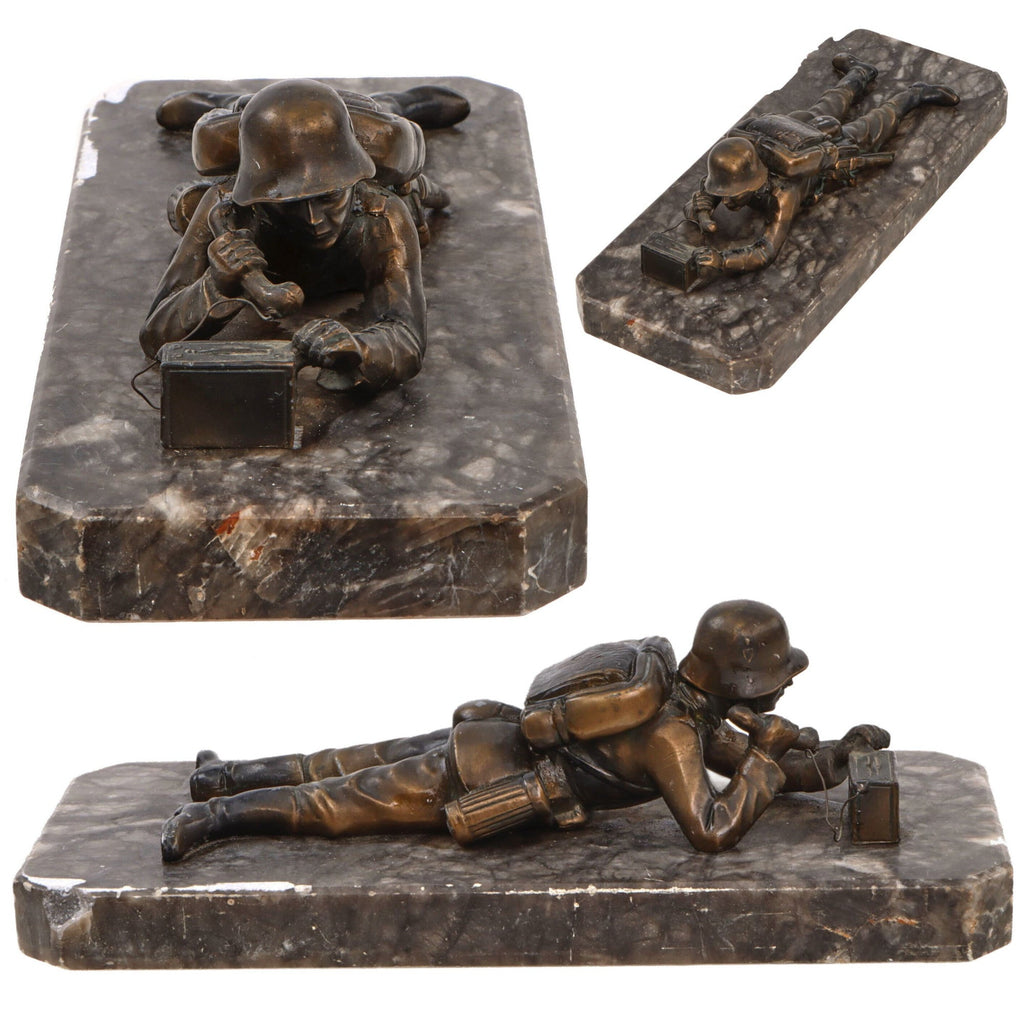 Original German Pre-WWII Bronze Statue of Reichswehr Signalman Laid Down with Field Phone on Marble Base Original Items