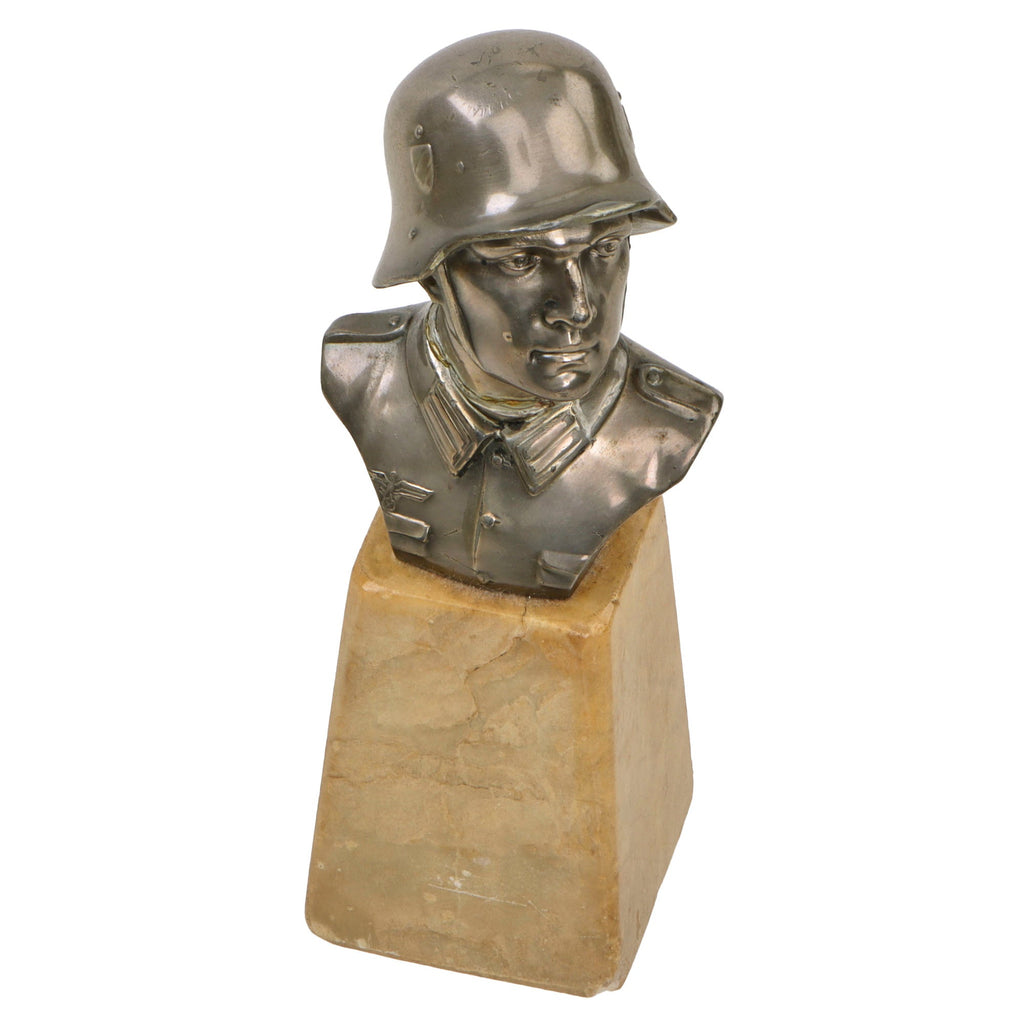Original German WWII Heer Soldier Bust on Marble Base - Repaired Head - 7” Tall Original Items