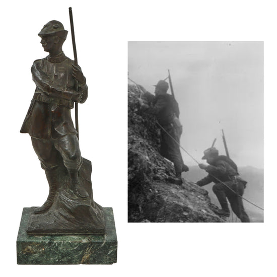 Original Italian WWI Alpini Soldier Bronze Statue on Marble Base Signed Ronco - 11¾” Tall Original Items
