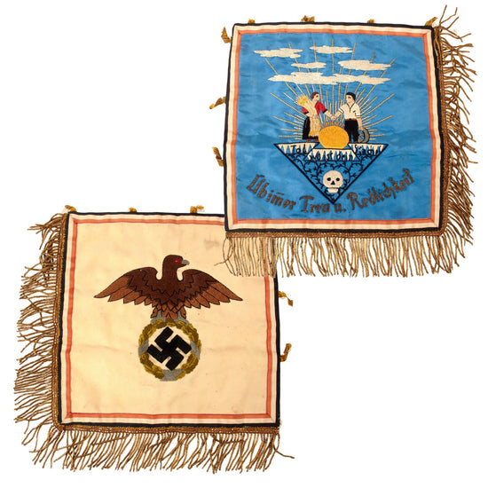 Original German Pre WWII Hand Embroidered Freemasonry Association Fringed Ceremonial Flag - 9 1/2" x 9 1/2" Original Items