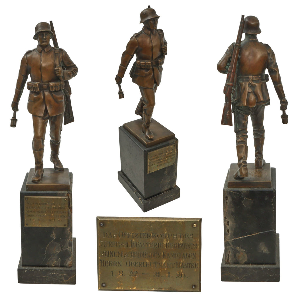 Original German Post-WWI Marching Soldier Bronze Statue on Marble Base with Dedication to Oberleutnant Mantke, 7th (Preuss) Infantry - 13” Tall Original Items