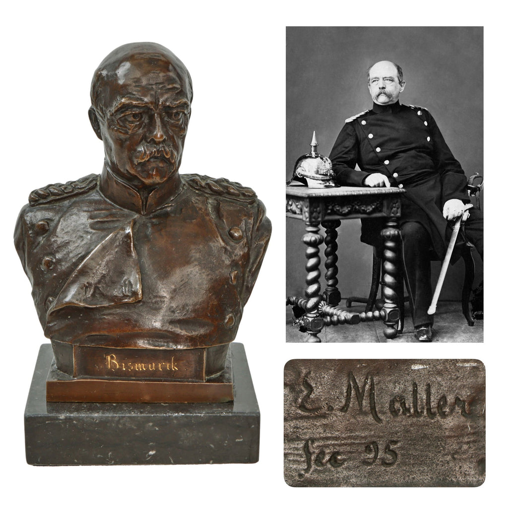 Original Imperial German Pre-WWI Scarce Signed Bronze Bust of Otto von Bismarck on Marble Base - E. Maller - 9 ¾” Tall Original Items