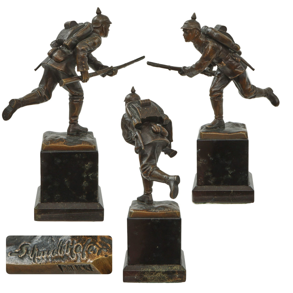 Original Imperial German WWI Bronze Statue of Soldier Advancing by Schmidt Hofer with Marble Base Original Items