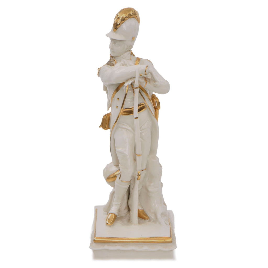Original German Interwar Porcelain Statue of Napoleonic Soldier with Gold Paint and Pheasant - Damaged Original Items