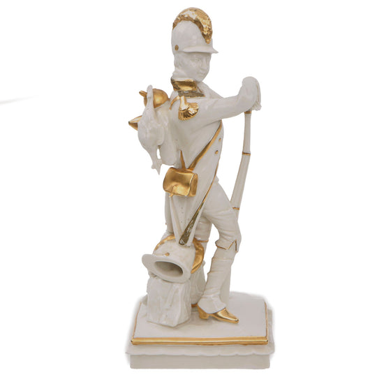 Original German Interwar Porcelain Statue of Napoleonic Soldier with Gold Paint and Pheasant - Damaged Original Items