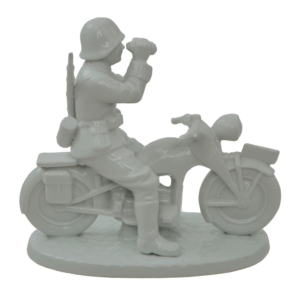 Original German WWII Porcelain Statue of Motorcycle Reconnaissance Soldier with Binoculars by Neundorf - 9¼” Tall Original Items