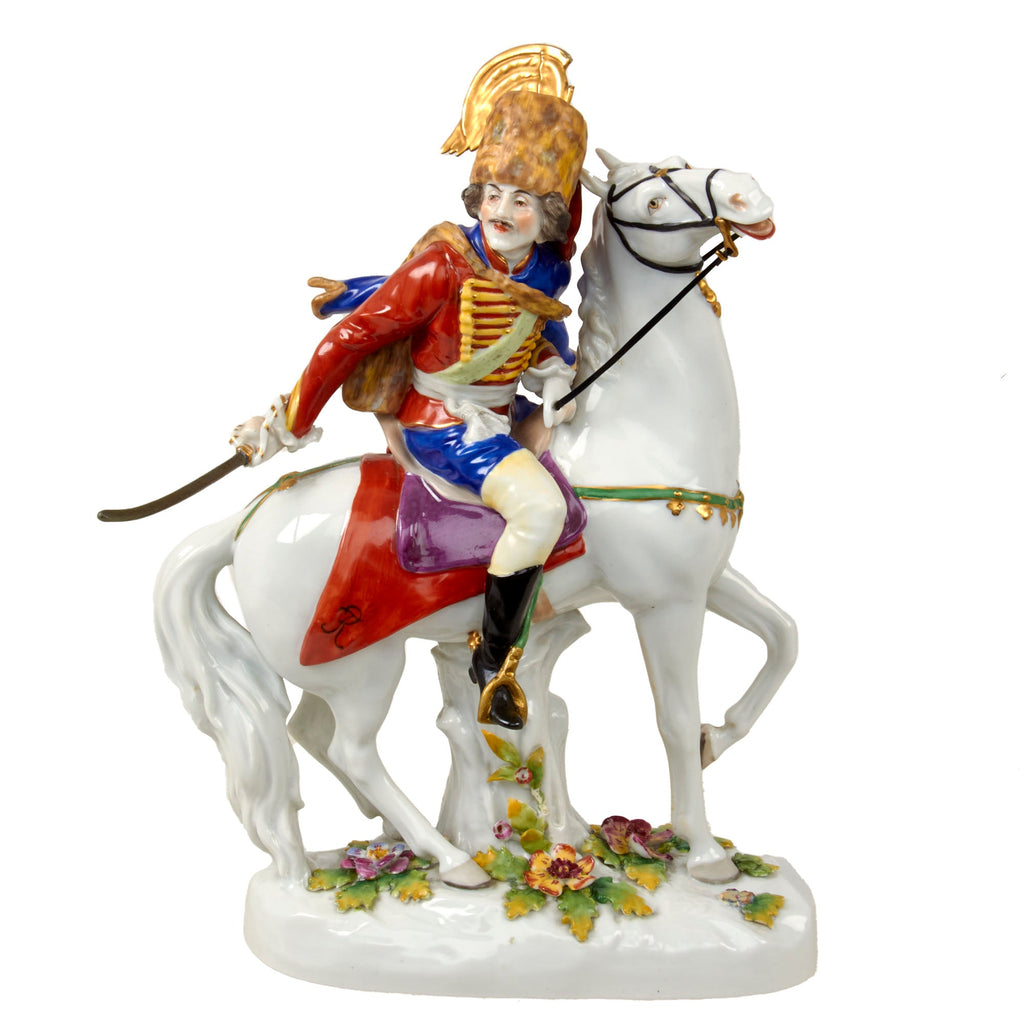 Original German Pre-WWII Porcelain Equestrian Death’s Head Hussar with Sword Drawn - 11¼” Tall Original Items