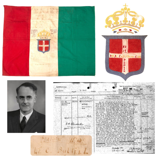 Original British WWII 3rd Battalion Coldstream Guards Signed Souvenir Mareth Line Tunisia Italian Flag with Chain-Stitched Savoy Coat of Arms - Signed by 24 Soldiers Including Military Cross Recipient Lt. C.H. Bulteel - 28 ¾ x 38 ½” Original Items