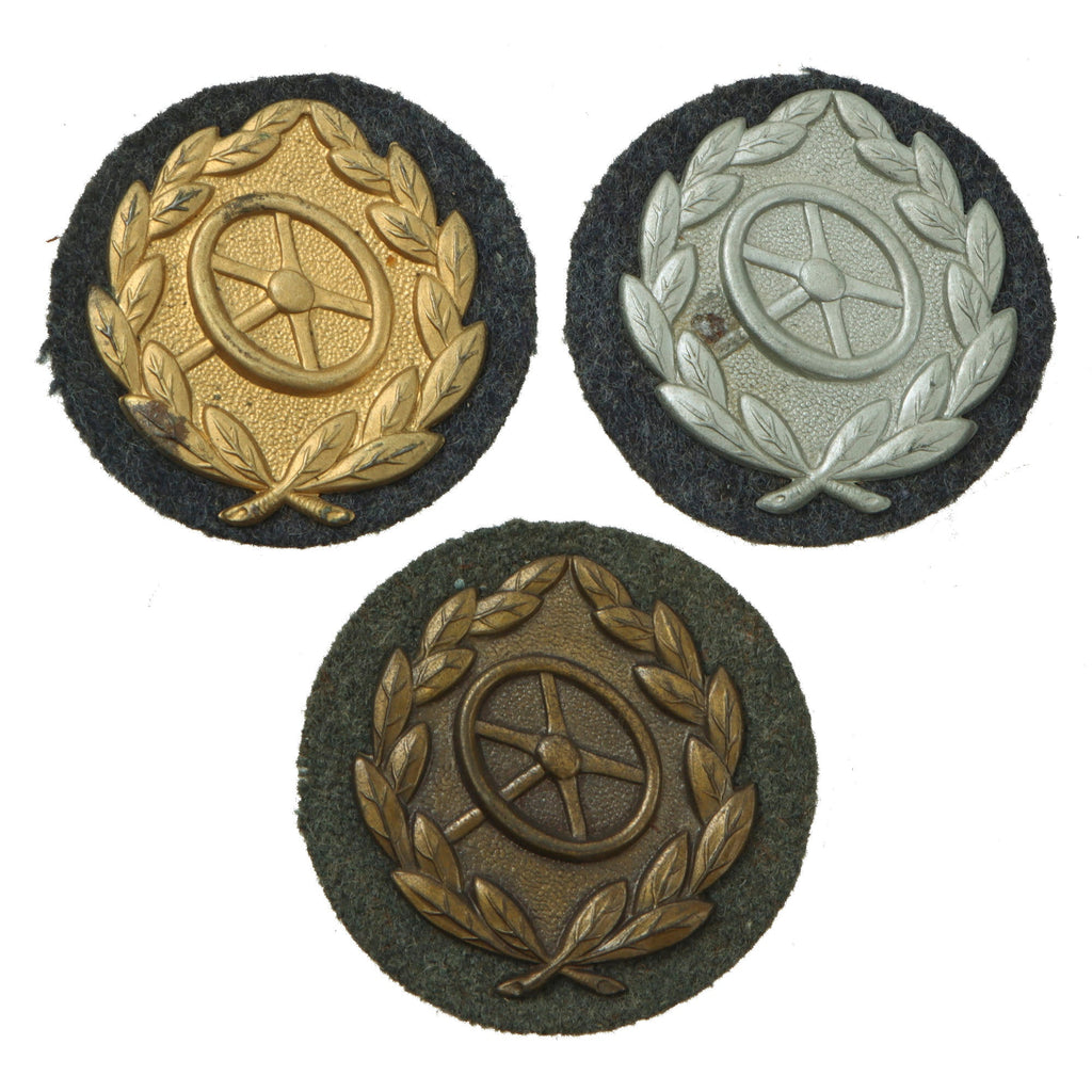 Original German WWII Set of Three Driver Proficiency Badges - Gold, Silver, and Bronze Grades Original Items