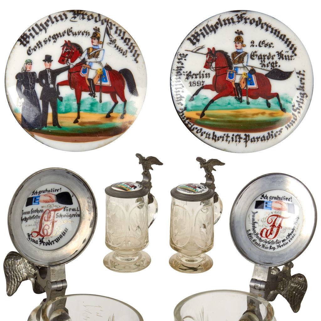 Original Imperial German Pre-WWI Rare Garde Kürassier Regiment Pair of Glass Lidded Beer Steins with Tremendous Painted Lids - Wilhelm Frodermann - Dated 1897 Original Items