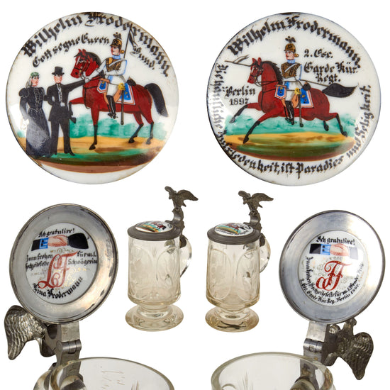 Original Imperial German Pre-WWI Rare Garde Kürassier Regiment Pair of Glass Lidded Beer Steins with Tremendous Painted Lids - Wilhelm Frodermann - Dated 1897 Original Items