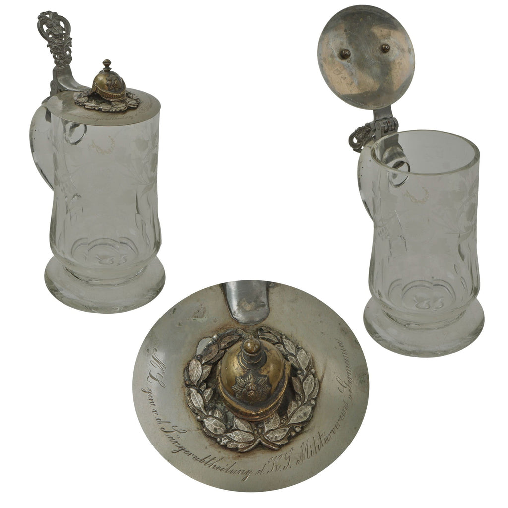 Original Imperial German Pre-WWI Saxon Artillery Glass Stein with Pickelhaube Kugelhaube on Lid Original Items