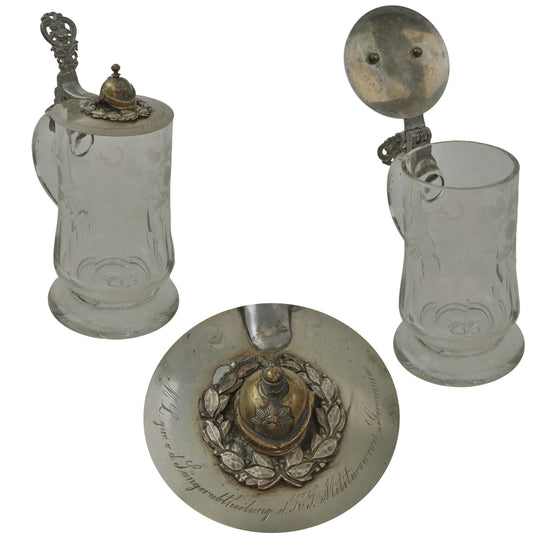 Original Imperial German Pre-WWI Saxon Artillery Glass Stein with Pickelhaube Kugelhaube on Lid Original Items