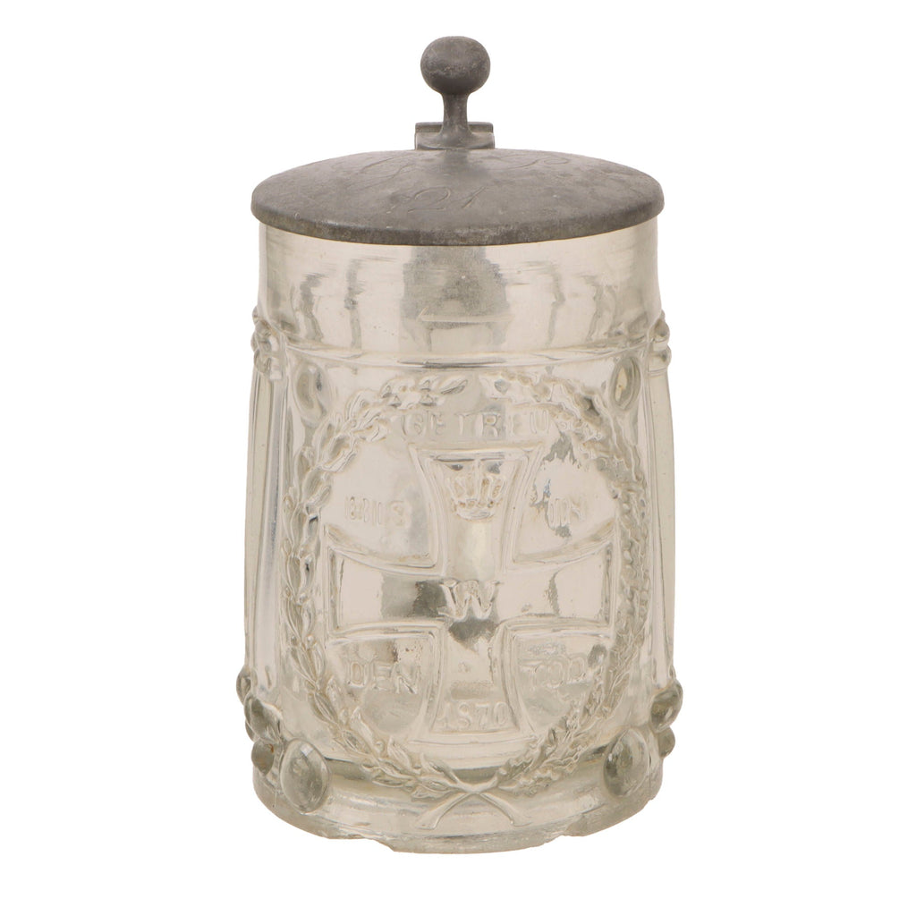 Original Imperial German Franco-Prussian War Era Lidded Glass Beer Stein with 1870 Iron Cross & Engraving on Lid Original Items