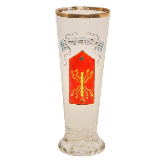 Original Imperial German WWI Signals Unit Pilsner Glass with Painted Shoulder Board - Zur Erinnerung a. m. Dienstzeit Original Items