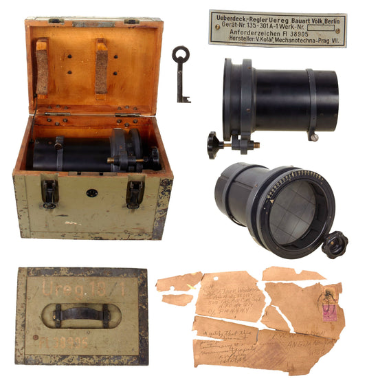 Original German WWII U.S.-Captured Luftwaffe Aerial Coverage Regulator Camera Grid Lens in Original Transit Case with Key and U.S.G.I. Bringback Papers Original Items