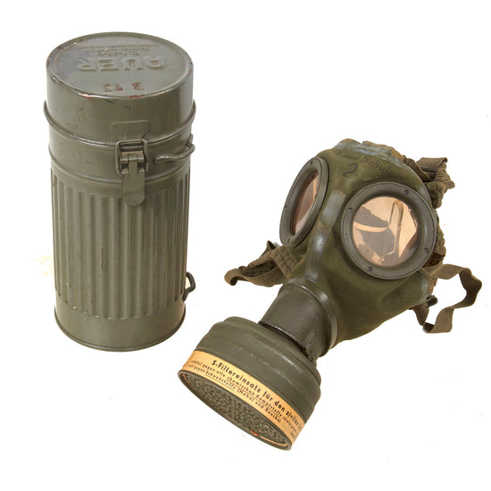 Original German WWII 1936 Dated Luftschutz Gas Mask by AUER with Canister and Spare Lenses Original Items