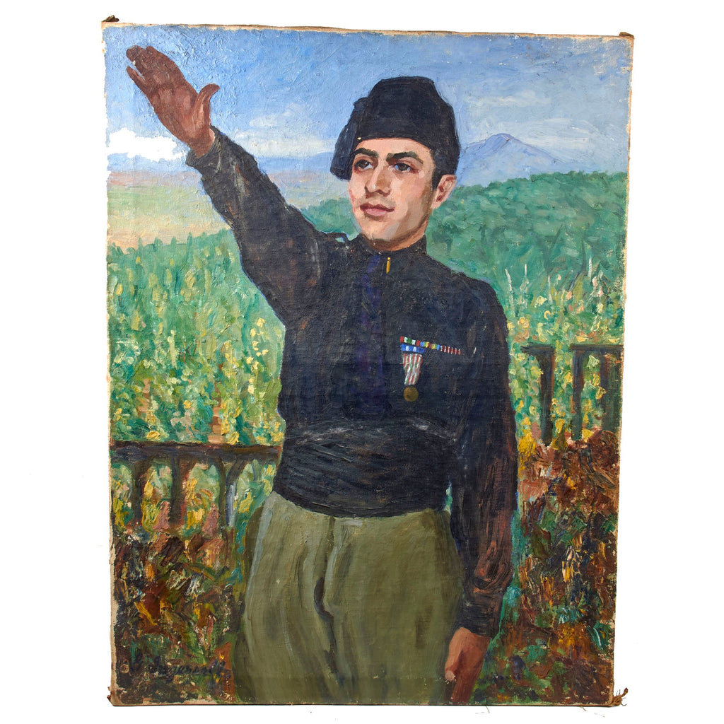 Original Italian WWII Outdoor Portrait of MVSN Fascist WWI Veteran with Medals Giving Roman Salute - Signed Ingersoll - 30 x 39½” Original Items