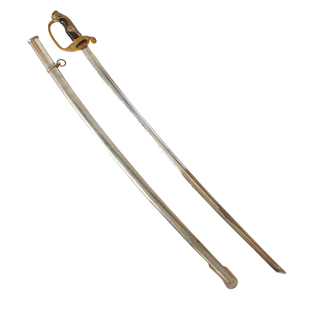 Original Imperial Japanese WWII Army Type 19 Kyu-Gunto Nickel-Plated Parade Officer’s Sword with Scabbard & Family Crest Original Items