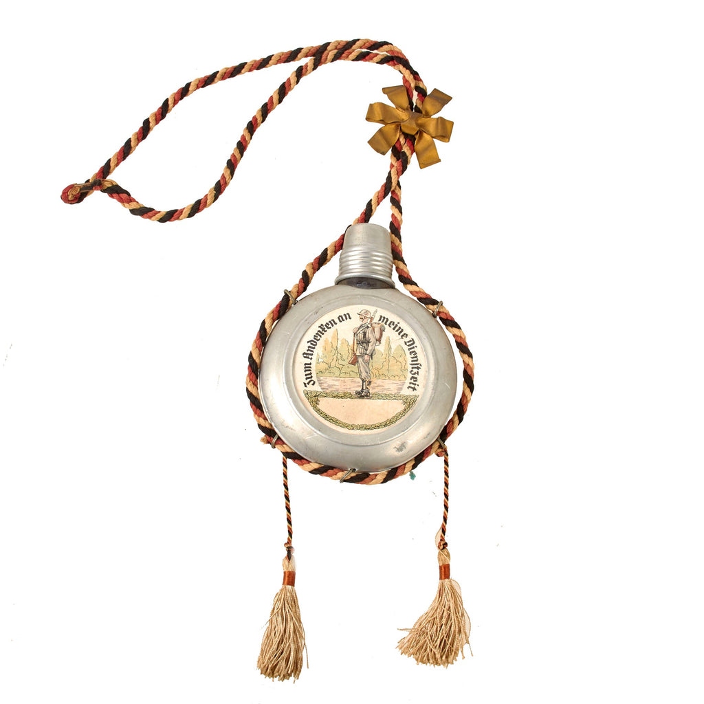 Original German Pre-WWII Aluminum Clad Spirit Flask with Original Tri-Color Carrying Rope and Brass Bow Original Items
