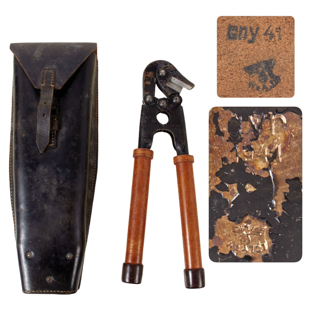 Original German Pre - WWII 1941-Dated Short Handled Pioneer Wire Cutters with Leather Carrier by Hugo Linder Deltawerk of Solingen Original Items