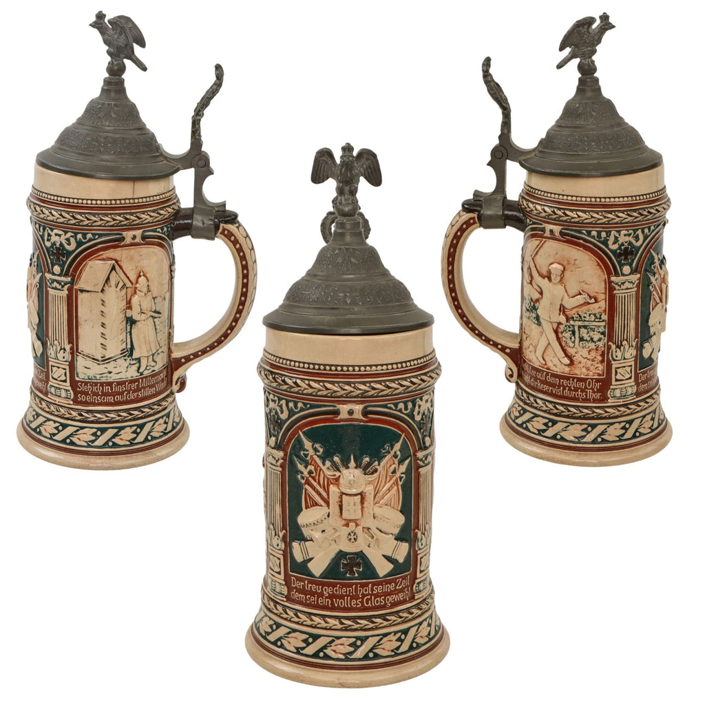 Original Imperial German WWI Hinged Beer Stein with Hinged Lid & Soldier Motifs Original Items
