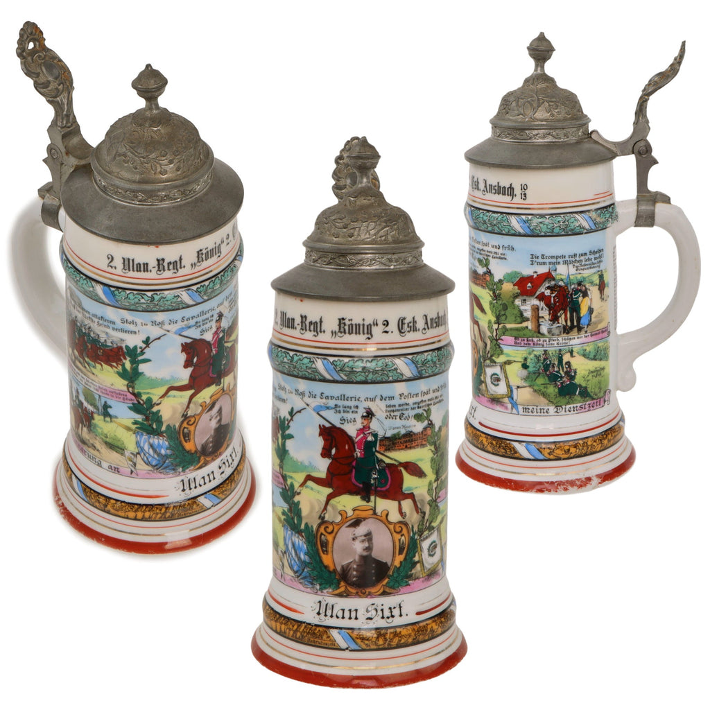 Original Imperial German WWI Era 2nd Royal Bavarian Uhlans “König” Lidded Beer Stein with Portrait of Soldier in Glaze - Dated 1910-1913 Original Items