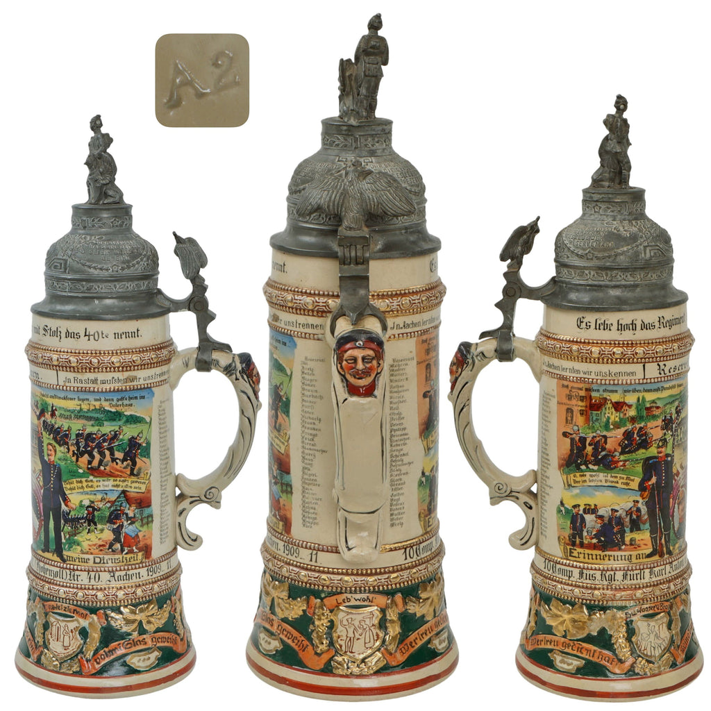 Original Imperial German WWI Era 40th (Hohenzollern) Fusiliers "Prince Charles Anton of Hohenzollern" Regiment Beer Stein with Hinged Lid - Dated 1909-1911 Original Items