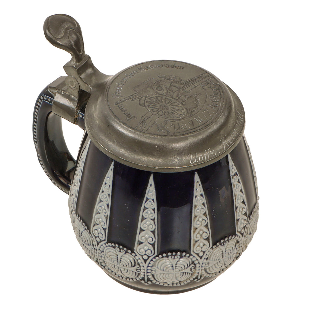 Original German WWII Salt Glaze Beer Stein with Named Hinged Lid & Field Cannon Motif by Strahlein of Nurnberg - Field Artillery Original Items