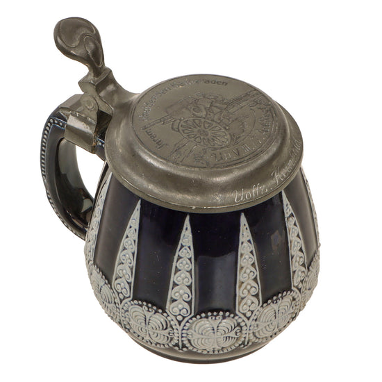 Original German WWII Salt Glaze Beer Stein with Named Hinged Lid & Field Cannon Motif by Strahlein of Nurnberg - Field Artillery Original Items