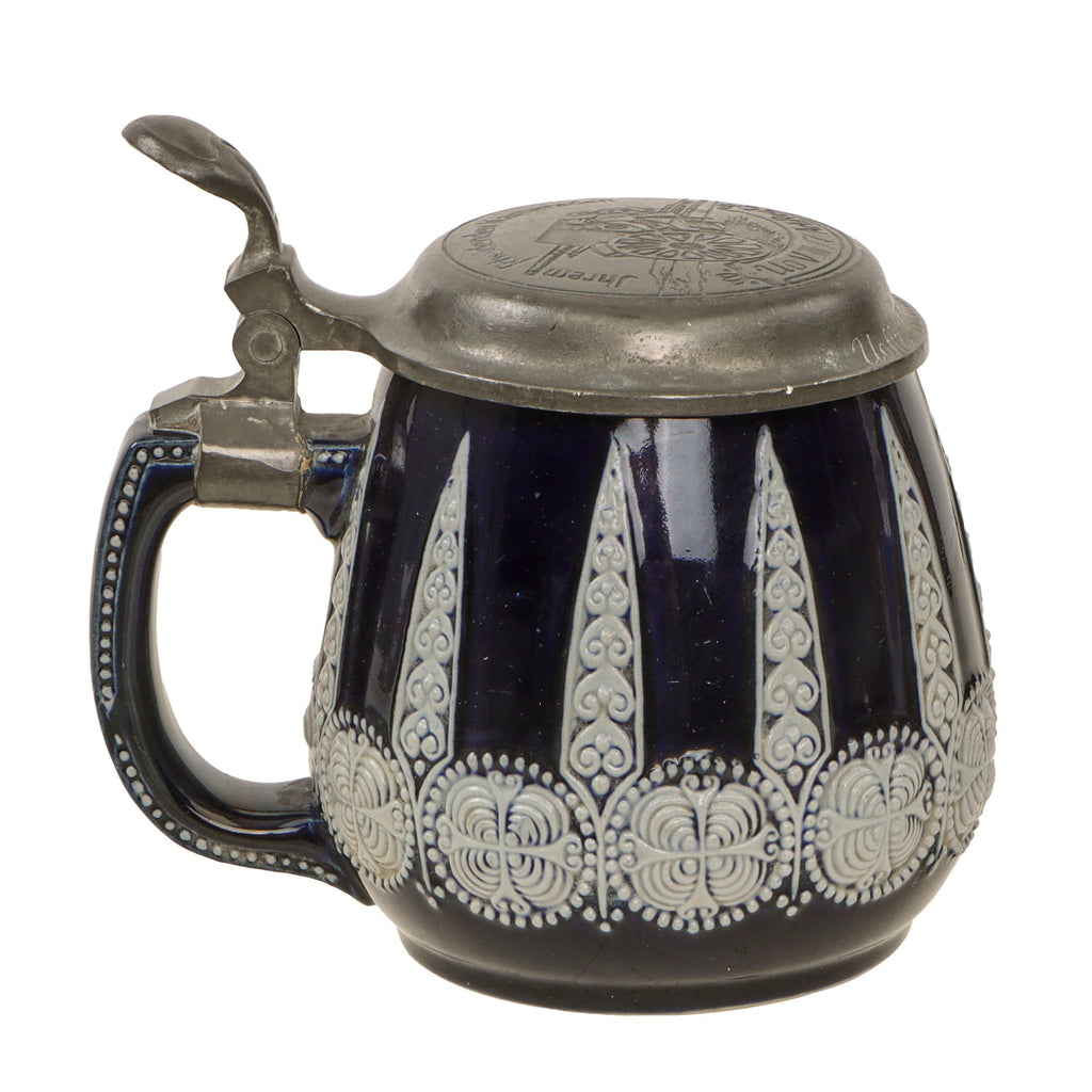 Original German WWII Salt Glaze Beer Stein with Named Hinged Lid & Field Cannon Motif by Strahlein of Nurnberg - Field Artillery Original Items