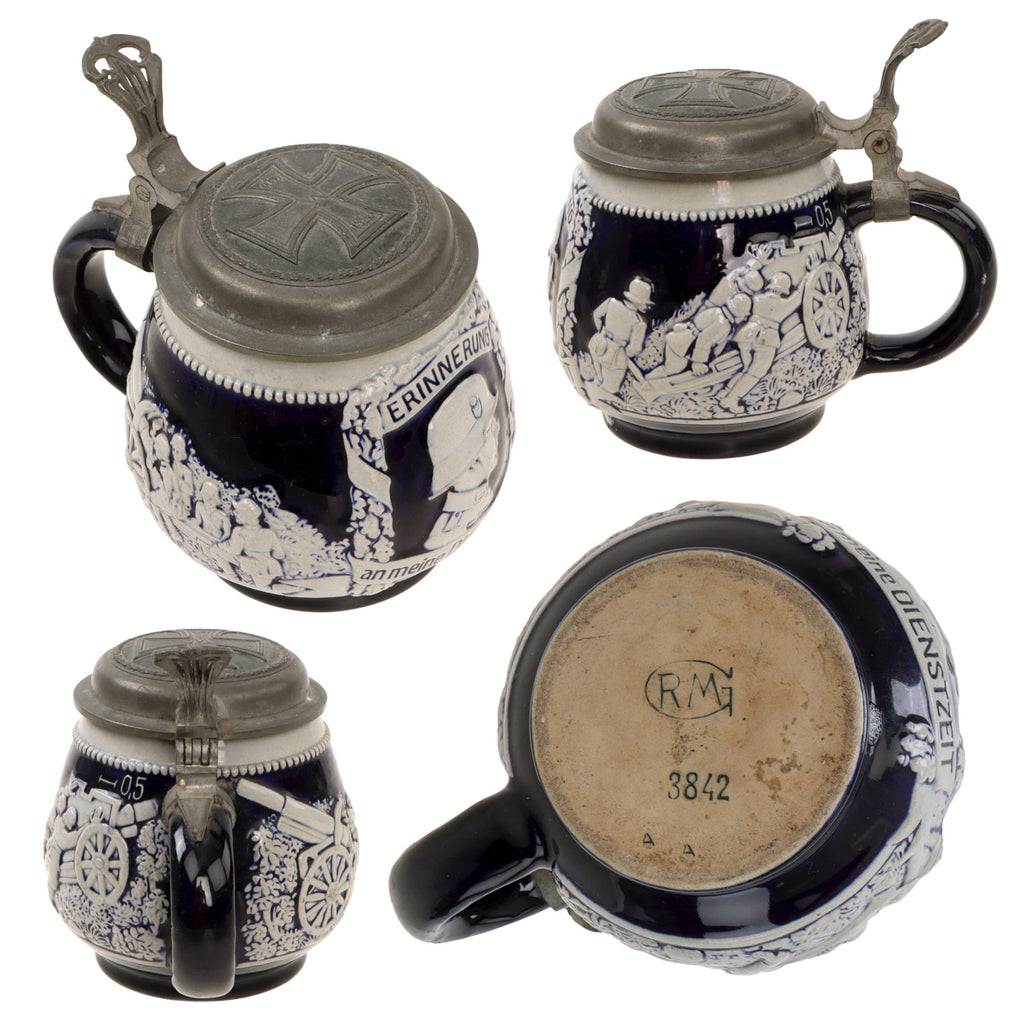 Original German WWII Salt Glaze Beer Stein with Hinged Lid & Iron Cross 1914 Motif - Field Artillery Original Items