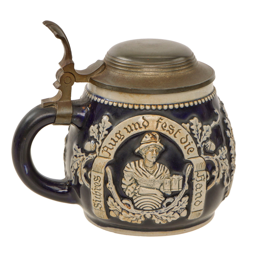 Original German Pre-WWII Salt Glaze Shooting Association Beer Stein with Hinged Lid Original Items