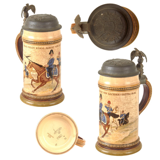 Original Imperial German Pre-WWI Saxony Dragoner-Regiment „König Albert von Sachsen“ (Ostpreußisches) Nr. 10 Lidded Beer Stein by Niettlach - Dated 1895 Original Items