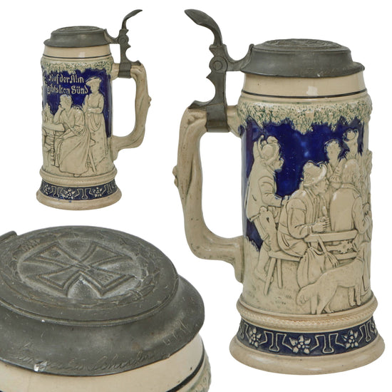 Original Imperial German WWI Hinged Beer Stein with Named Lid & Iron Cross Motifs Original Items