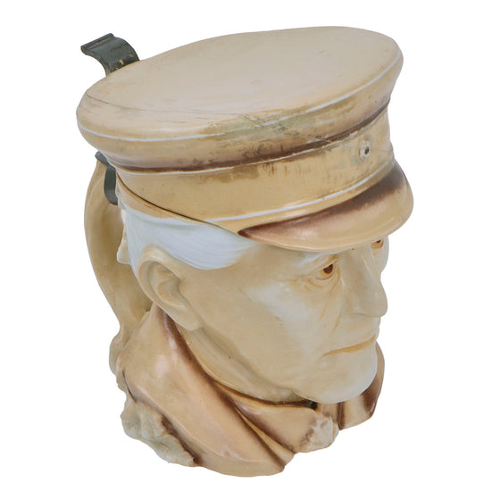 Original Imperial German WWI Era Portly Character Helmuth Von Moltke the Elder Stein with Hinged Lid by Musterschutz with Period Inscription Under Visor Original Items