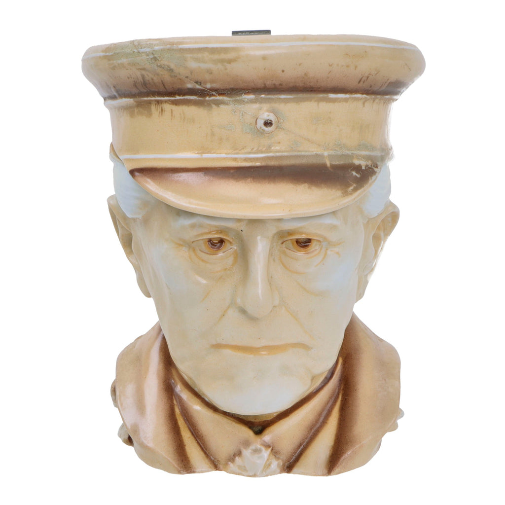 Original Imperial German WWI Era Portly Character Helmuth Von Moltke the Elder Stein with Hinged Lid by Musterschutz with Period Inscription Under Visor Original Items