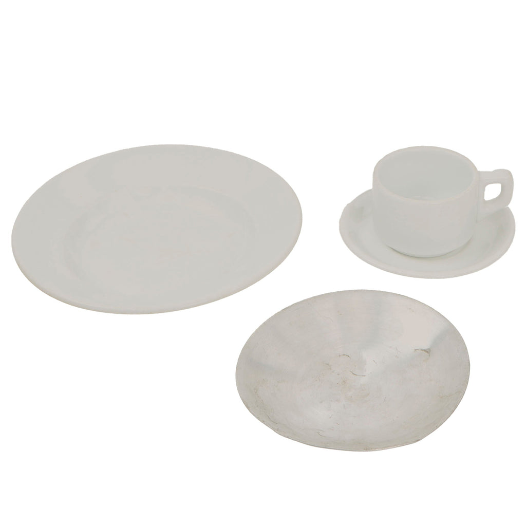 Original German WWII Lot of Luftwaffe Fl.U.V. Marked Mess Dinnerware - Porcelain Coffee Mug, Saucer, and Deep Plate with Aluminum Plate Original Items