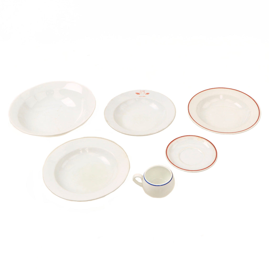 Original German WWII Lot of DAF Marked Mess Porcelain - Serving Bowl, 3 Deep Plates, Coffee Cup and Saucer Original Items