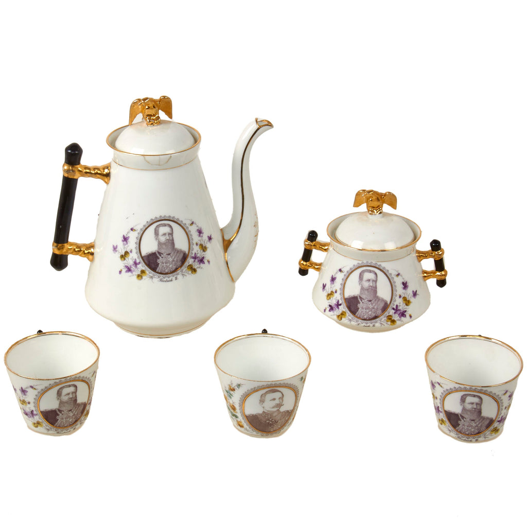 Original Imperial German Pre-WWI Wilhelm I & Friedrich III Porcelain Tea Pot & Cup Set with Sugar Bowl & Young Wilhelm II Cup - Imperial Eagle Lids - 5 Pieces Original Items