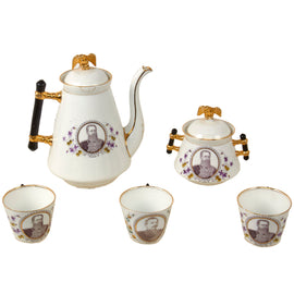 Original Imperial German Pre-WWI Wilhelm I & Friedrich III Porcelain Tea Pot & Cup Set with Sugar Bowl & Young Wilhelm II Cup - Imperial Eagle Lids - 5 Pieces