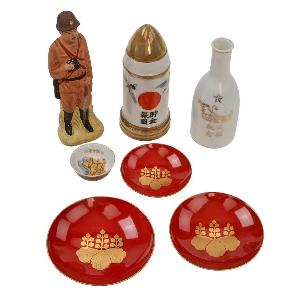 Original Japanese WWII Military Ceramic & Porcelain Lot with Officer Statue, Artillery Shell Bank, Sake Cups & Bottle Original Items