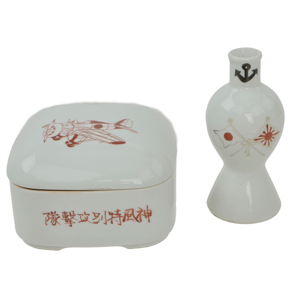 Original Japanese WWII Navy Aviation Porcelain Lot - Box and Sake Bottle with Translations Original Items