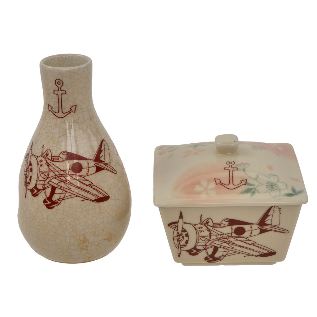 Original Japanese WWII Navy Aviation Porcelain Lot - Box and Sake Bottle Original Items