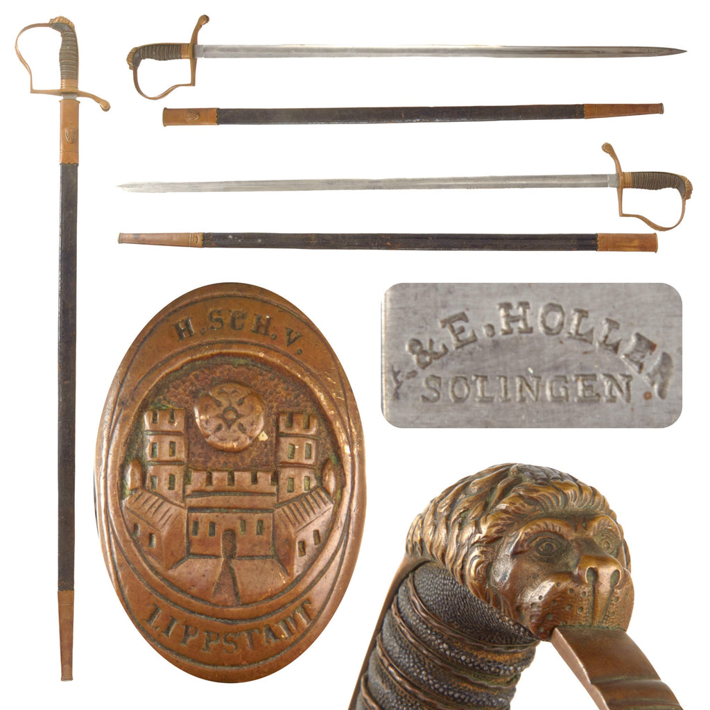 Original German Pre-Franco Prussian War Lippstadt Lion’s Head Officer’s Sword with City Coat of Arms on Guard & Scabbard by A&E. Holler of Solingen Original Items