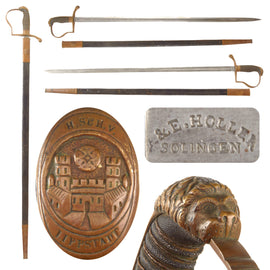Original German Pre-Franco Prussian War Lippstadt Lion’s Head Officer’s Sword with City Coat of Arms on Guard & Scabbard by A&E. Holler of Solingen